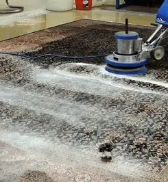 Professional rug cleaning with a rotary floor machine and shampoo foam, deep-cleaning an area rug Omaha, NE.